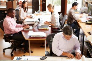 Team working together in a bright office space