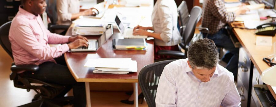 Team working together in a bright office space