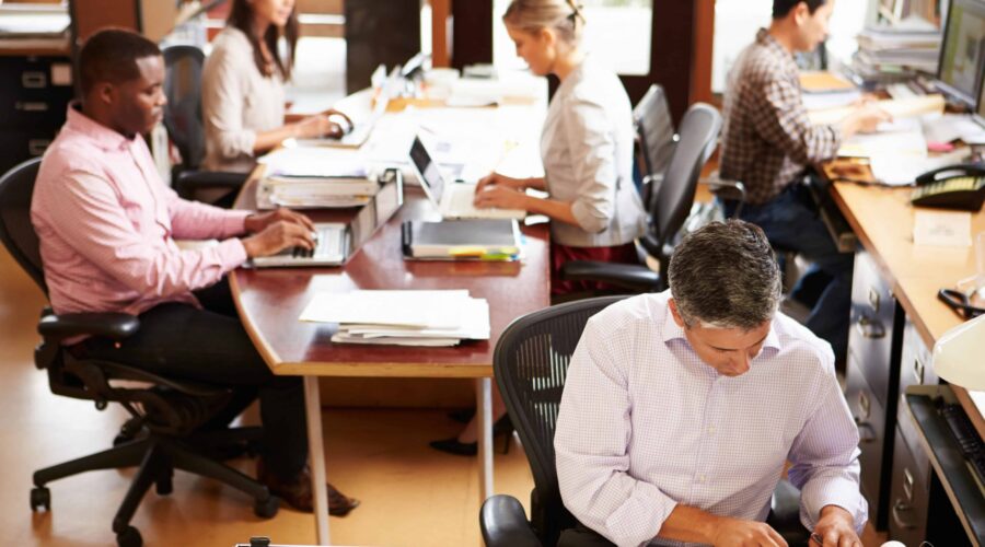Team working together in a bright office space